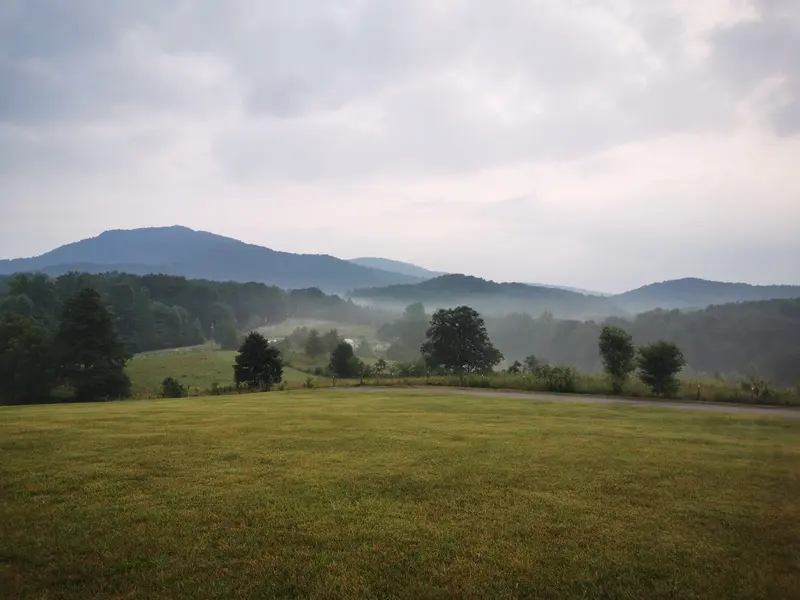 Misty morning over rolling green hills